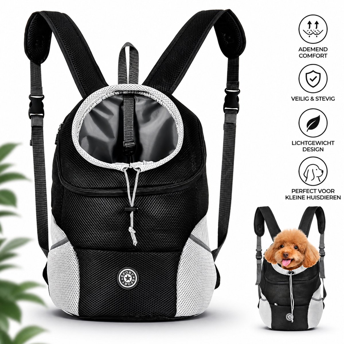 Dutchers® Huisdier Rugzak – Small maat S (Zwart) – Voor Kleine, Middelgrote en Grote Honden en Katten – Verstelbare, Ademende Draagtas van Nylon met Veiligheidsgordel & Mesh – Ideaal voor Outdoor Avonturen