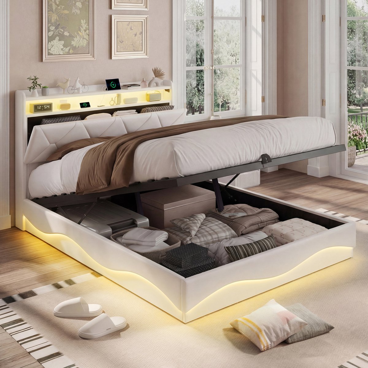 Opbergbed 140x200 Beige Velvet – met LED, USB-C & Opbergruimte
