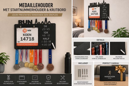 Zwarte medaillehouder met 'RUN' tekst, startnummer 'KOEN 14718', diverse medailles, en tekst over de details.