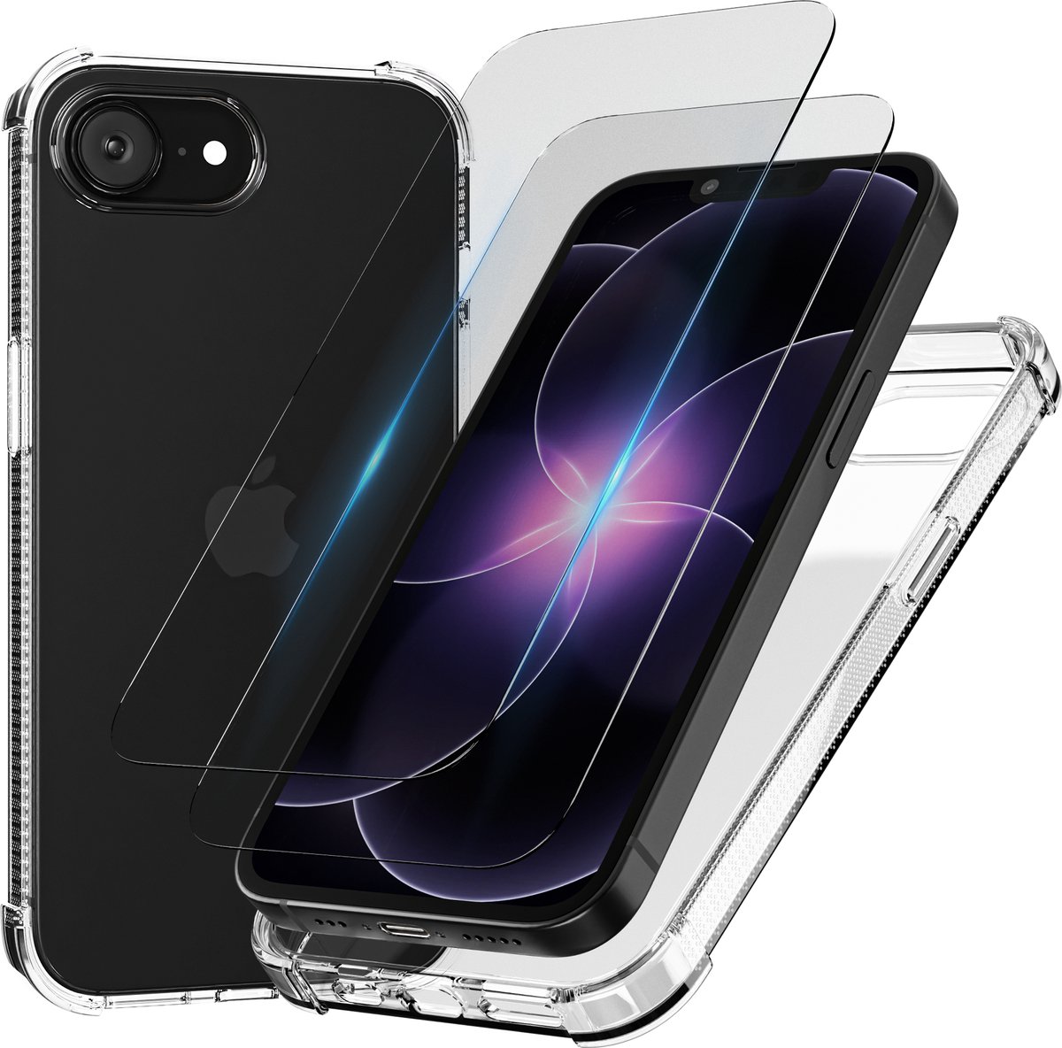 Hoesje - geschikt voor Apple iPhone 16e/17e - Transparant - 2x screenprotector - beschermglas screen protector- Anti Shock case