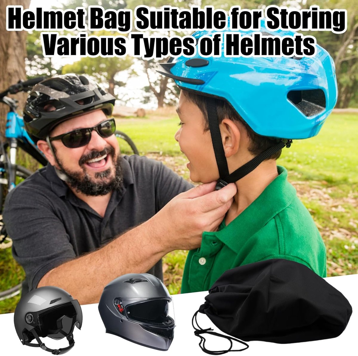 2 stuks motorhelmzak, 47 x 43 cm, met trekkoord, universele motorhelmzak, stofdicht, voor motorhelm, fietshelm, skihelm, basketbal, fitness, buitenactiviteiten (zwart) – foto 5