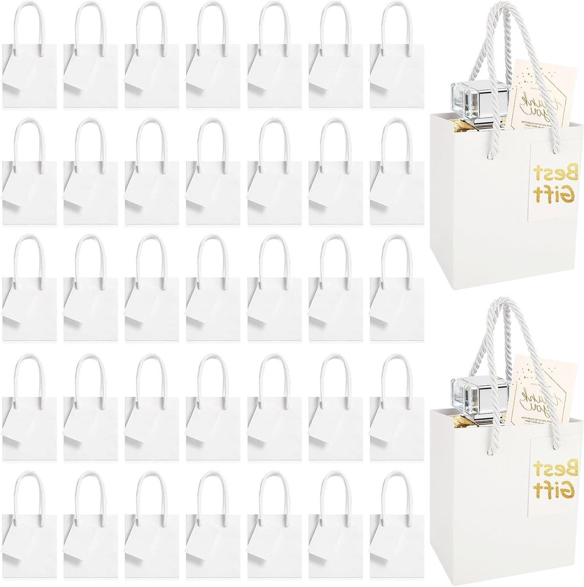 Set van 60 kleine cadeauzakjes 10 x 7 x 11,5 cm - Witte papieren tasjes met stoffen handvatten voor verjaardagen, bruiloften en babyshowers