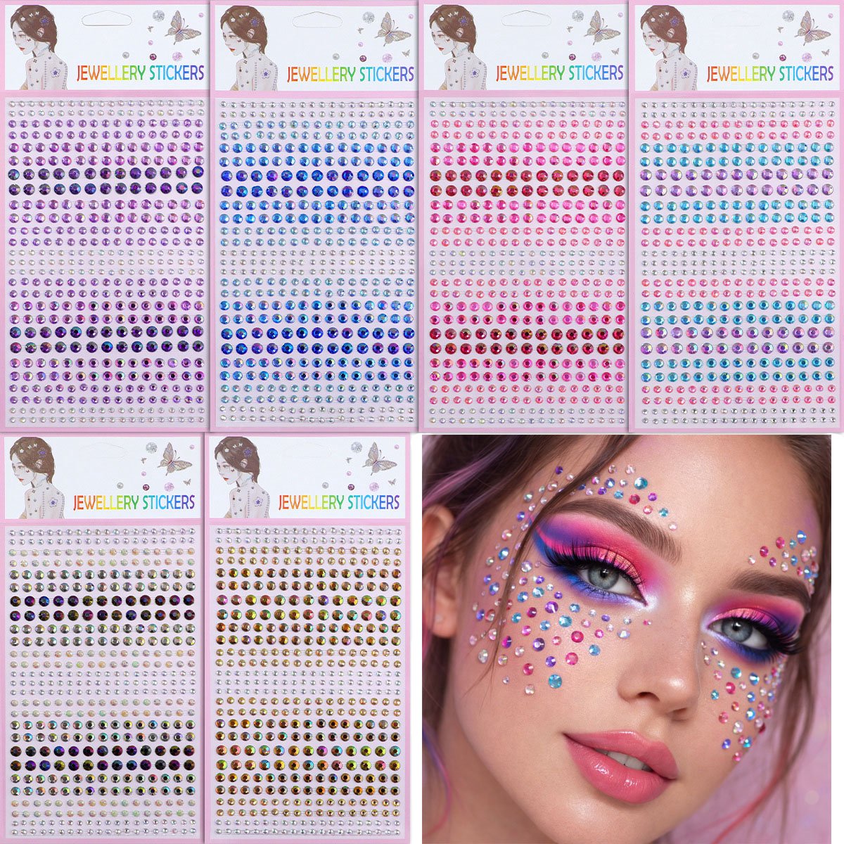 Plak diamantjes, 6 vellen rhinestone stickers - Zelfklevende strass diamantjes voor gezicht, lichaam, nails & decoratie - Glitter jewels face gems