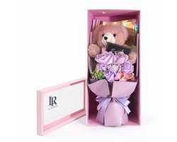 Teddybeer met lila Rozenboeket inclusief Luxe Cadeaubox LA ROSELLE AMSTERDAM