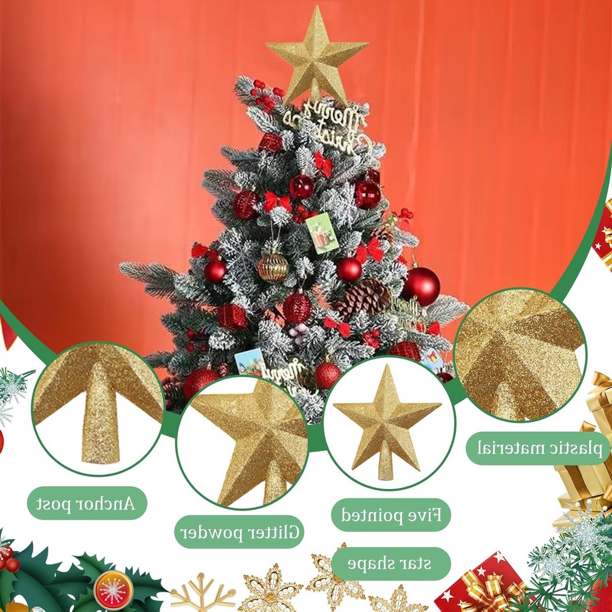 Gouden Ster Kerstboomtopper van 20 cm - Luminous Ster voor Kerstboomdecoratie, Duurzaam en Lichtgewicht, Perfect voor Natuurlijke en Kunstmatige Bomen