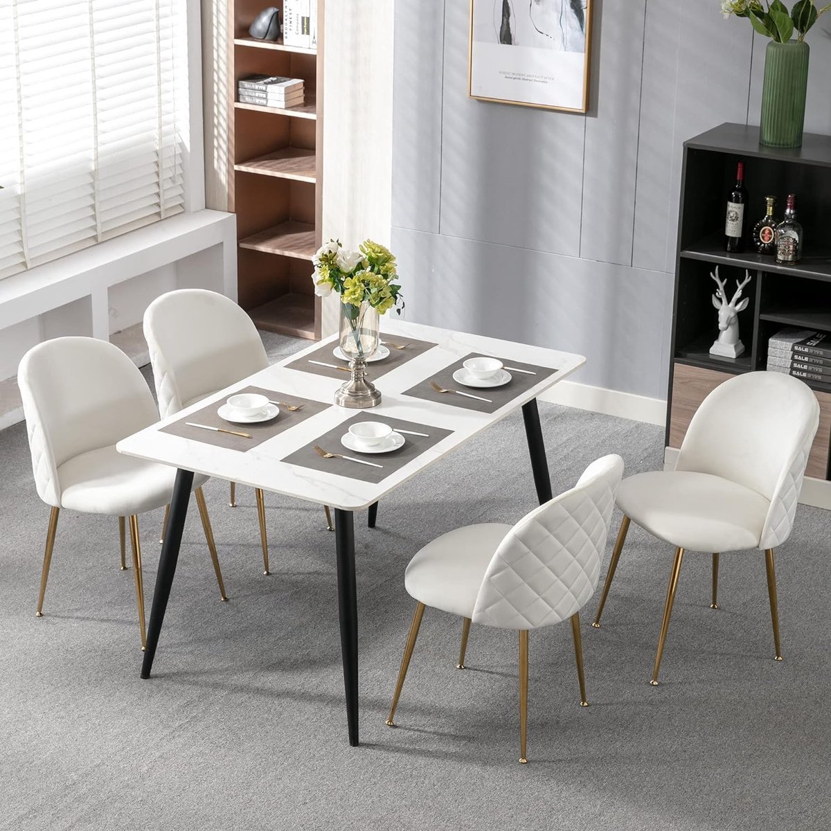 Eetkamerstoelen Set van 4 - Fluwelen Stoelen met Hoge Rugleuning - Moderne Keukenstoelen met Gouden Metalen Poten - wit- 50x51x83 cm - Vermissen