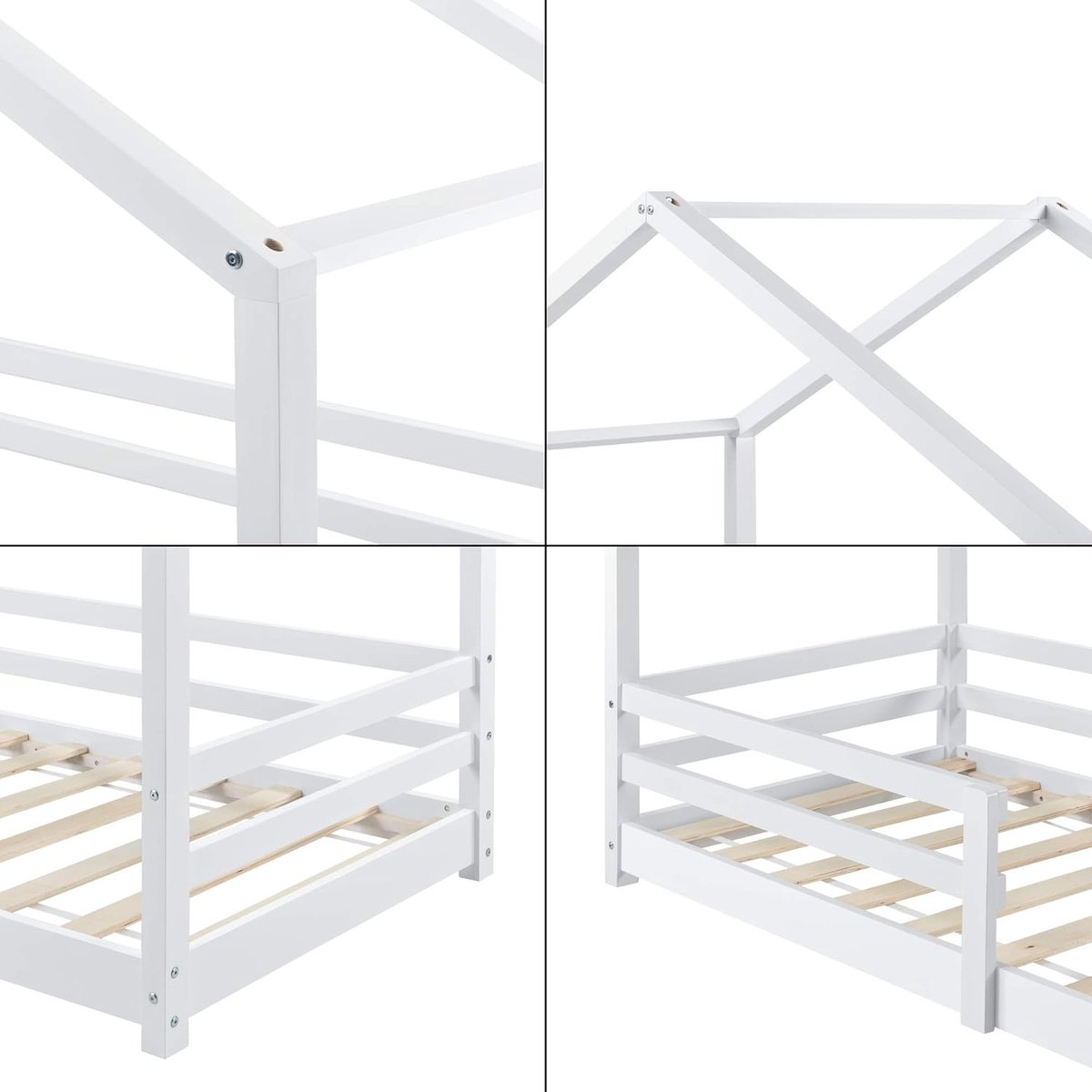 Kinderbed Huisbed met Uitvalbeveiliging 70x140 cm Wit - Peuterbed van Massief Dennenhout met Dakframe, Lattenbodem en Veilige Instap - Laura