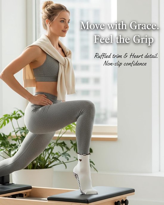 Ruffle Hart Yoga Sokken - Ruffle Hart Pilates Sokken - Antislip Gripzolen - Schattig Geborduurd Hart - Geborsteld Katoen - 3 Paren Dames Maat S-M-L - Voor Yoga Pilates Dans Fitness — afbeelding 3