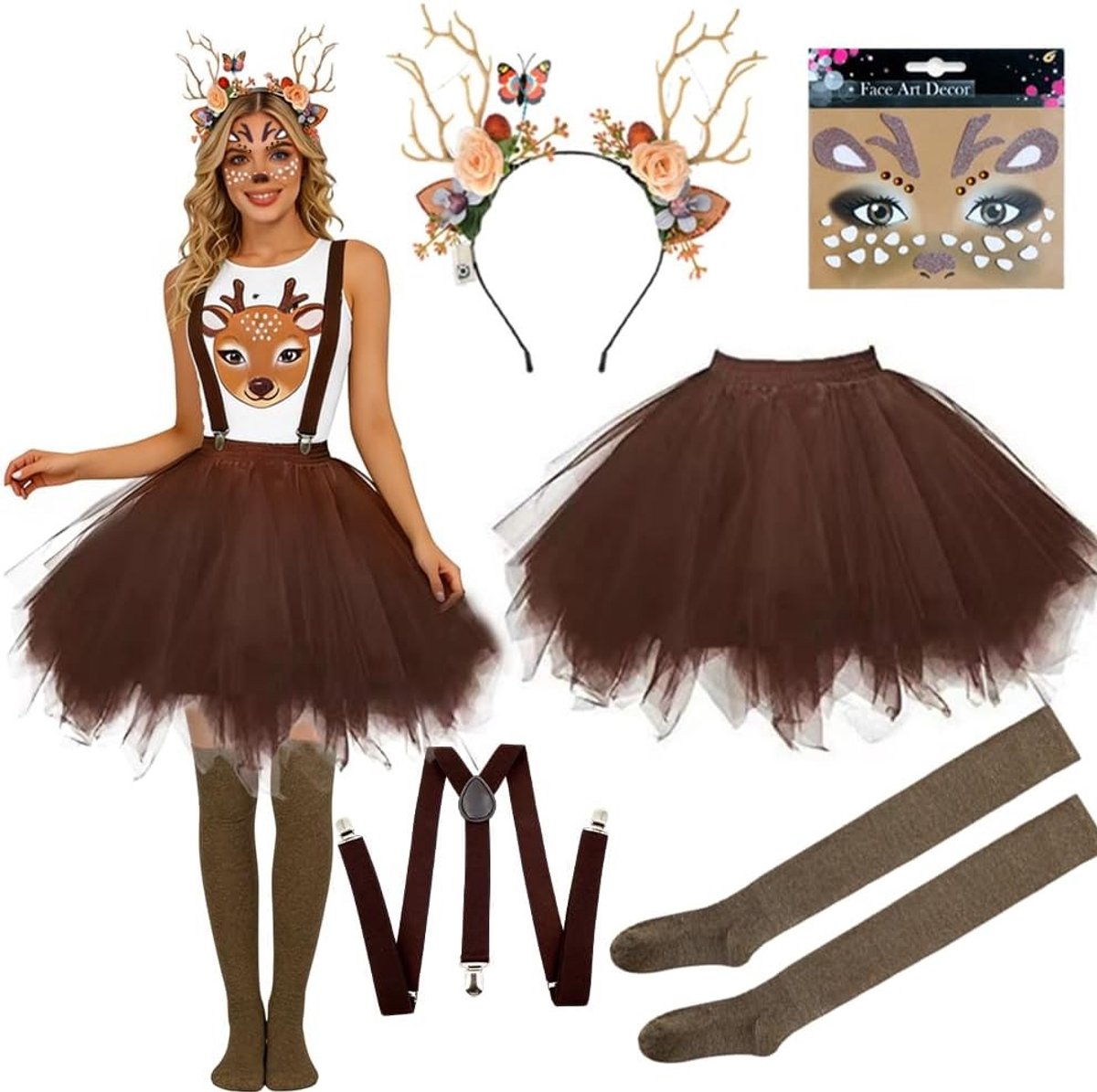 Vrouwelijk Rendier Kostuum met Elastische Hoofdband, Gegraveerde Tatoeage en Tutu voor Kerst, Halloween en Carnaval