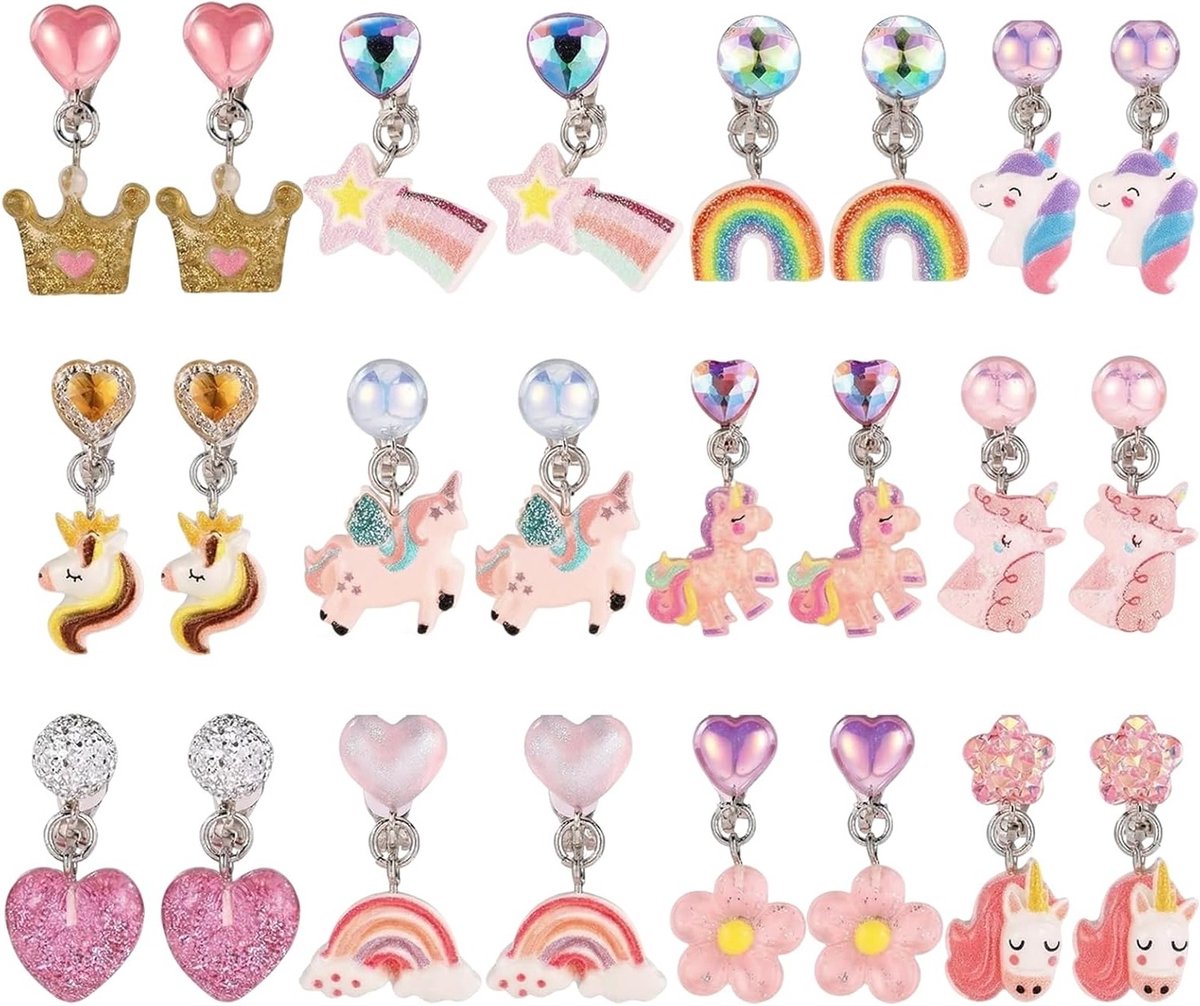 Schattige unicorn oorclips voor kinderen, 12 paar, geen gaatjes nodig, ideaal voor dagelijks gebruik en speciale gelegenheden
