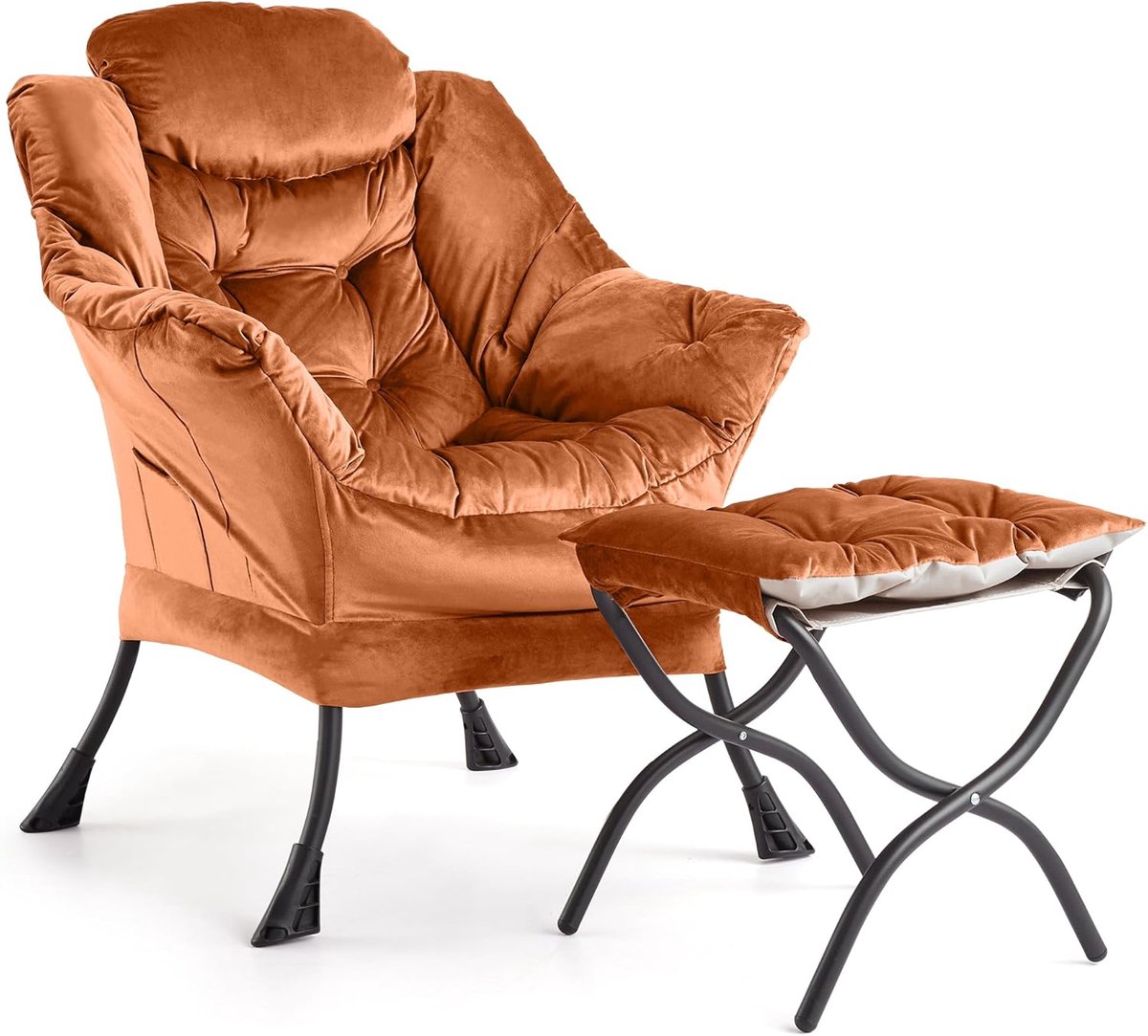 Ruime Relaxstoel met Opvouwbaar Voetenbankje - Lounge Fauteuil met Zijvak - Comfortabele Leesstoel - Draagkracht 180 kg - Oranje