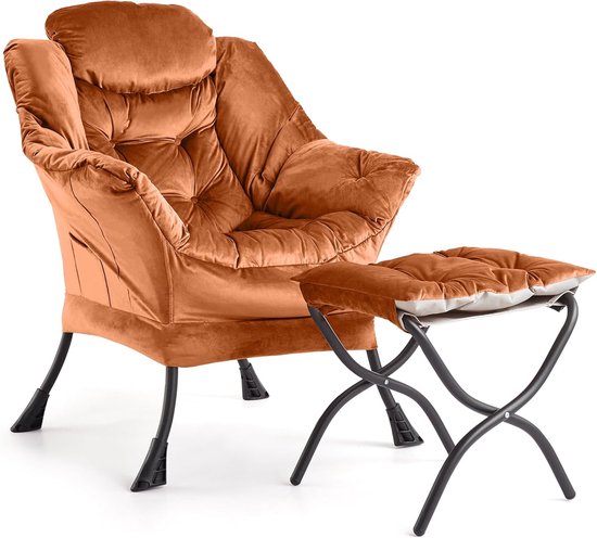 Ruime Relaxstoel met Opvouwbaar Voetenbankje - Lounge Fauteuil met Zijvak - Comfortabele Leesstoel - Draagkracht 180 kg - Oranje