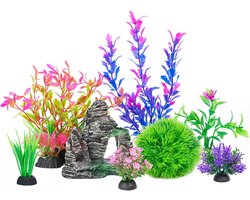 Aquarium Decoratie Set - Planten en Rotsen - Vissen Verblijf - 8 Delig - 5-20 cm - Kleurrijk