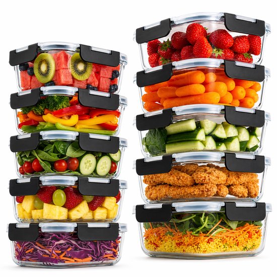 Vershoudbakjes Glas - 10 stuks - Meal Prep Bakjes - Diepvriesbakjes - 1040ml / 370ml - Vivid Green