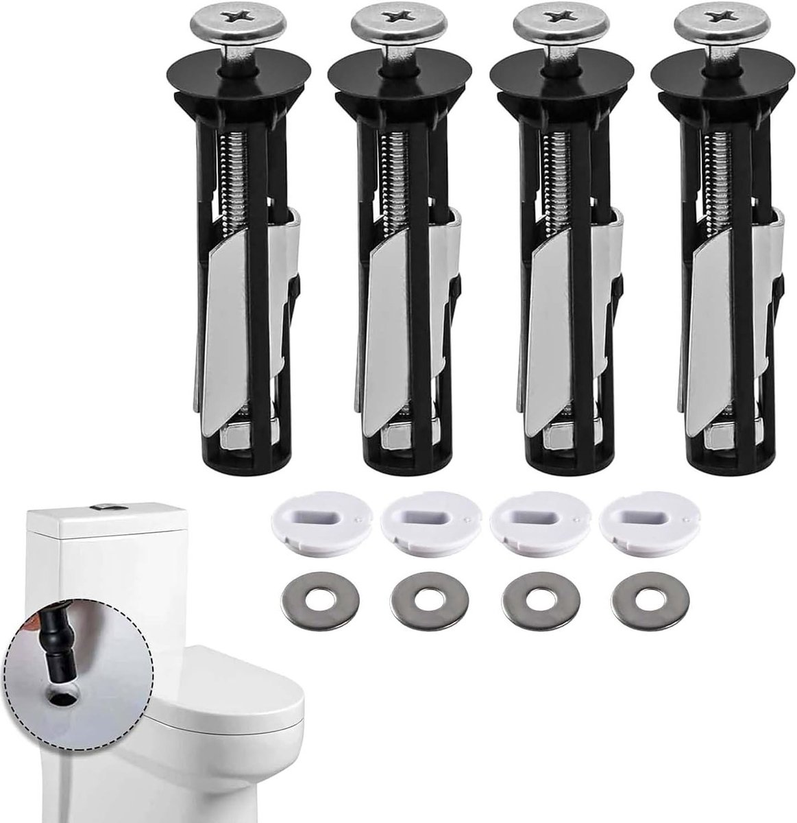 Toiletbril Bevestigingsset, 4 Stuks RVS Schroeven voor Toiletbril, Universele Vervangingsonderdelen met Dichtingen en Scharnieren voor Eenvoudige Installatie