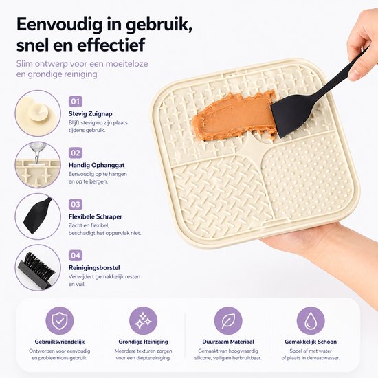 Grijze likmat met pindakaas en brokjes erop. Een hand gebruikt een zwarte spatel om de pindakaas te verwijderen. Lijst met 4 stappen.