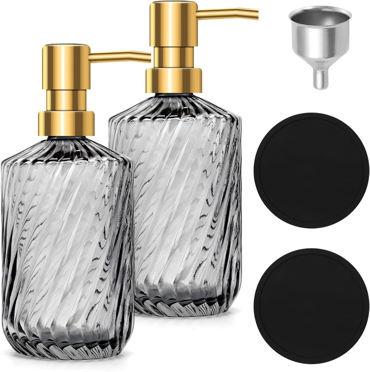 Set van 2 Glazen Zeepdispensers 450 ml met 2 Zwarte Onderzetters en 1 Trechter, Herbruikbare Zeepdispenser voor Keuken en Badkamer, Modern Design en Praktisch Gebruik