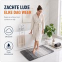 Een vrouw in een beige badjas stapt op een grijze, ombre badmat bij een badkuip. Zacht, absorberend.