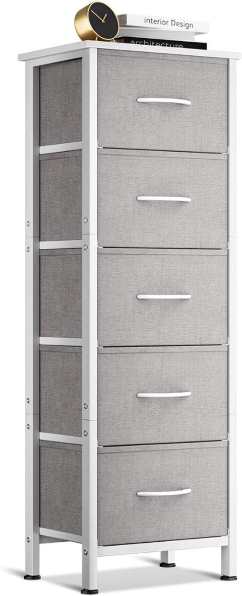 HEZIVO® Nachtkastje met 5 Laden - Smalle Commode - Opslag Slaapkamer en Woonkamer - Stof - Grijs