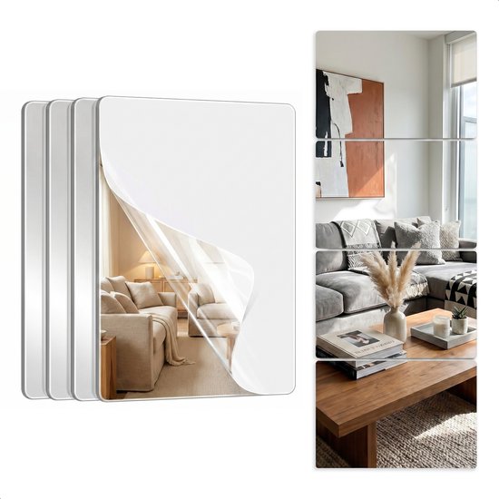 Ensemble de 4 miroirs adhésifs, avec film protecteur, reflétant un salon avec canapé et table basse.