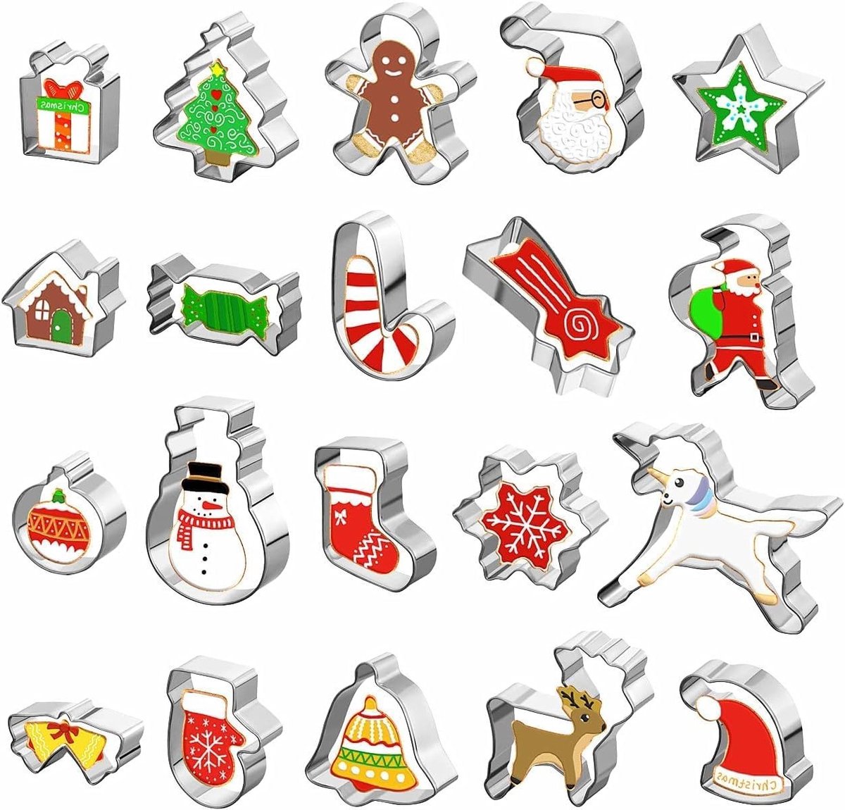 20-delige RVS kerst koekjesuitsteekset voor het maken van kerstkoekjes, taarten en gebak - Santa Claus, eenhoorn, sneeuwvlok en kerstboom vormen