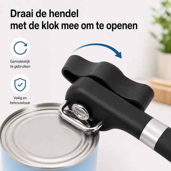 BOTC Blikopener - Veilig - Opent zonder scherpe randen - hersluitbaar - RVS - Silicone - Zwart