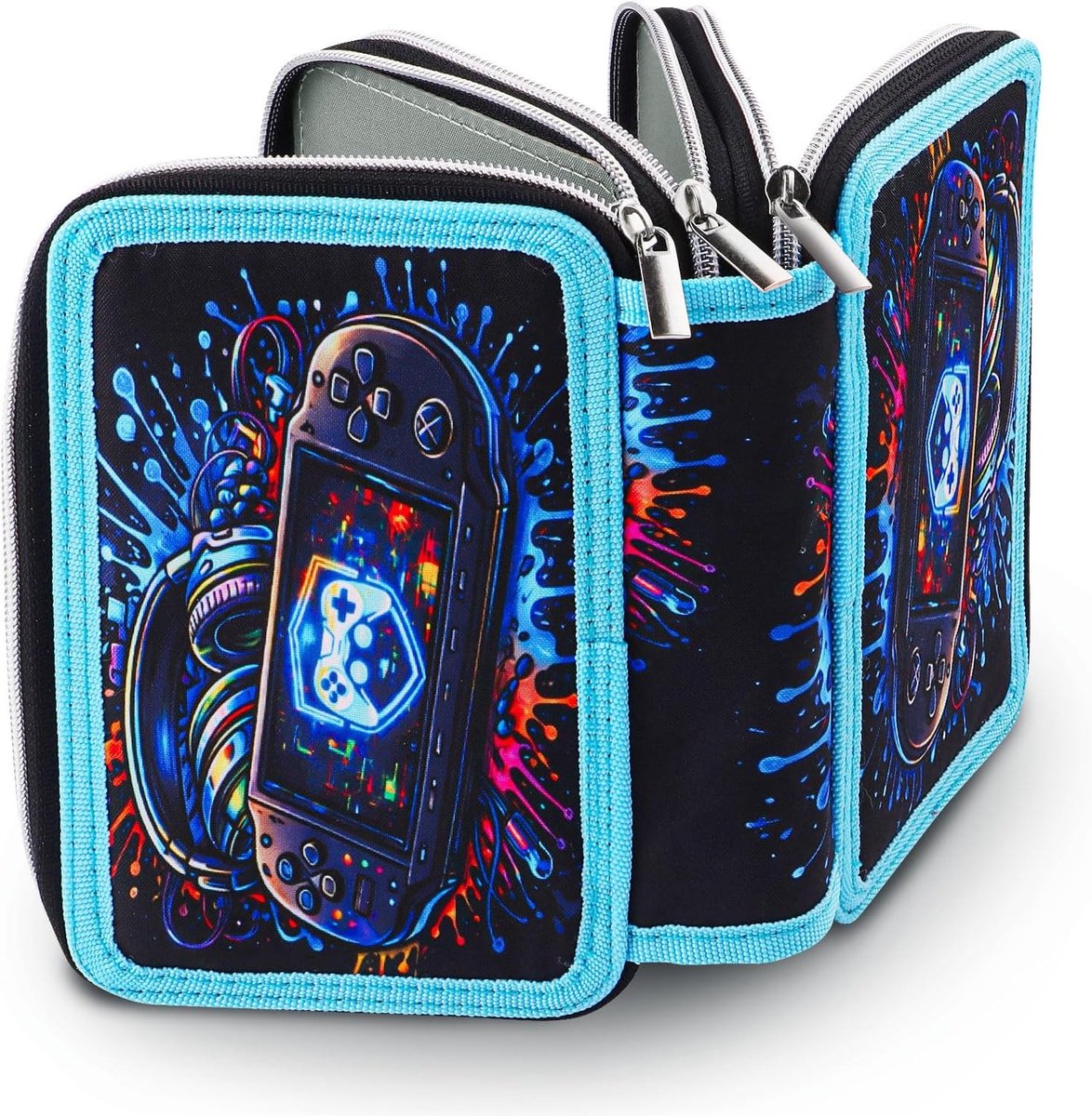 Game-etui met 3 vakken, grote capaciteit en ritssluiting voor school, tieners en kinderen, ideaal voor gameliefhebbers