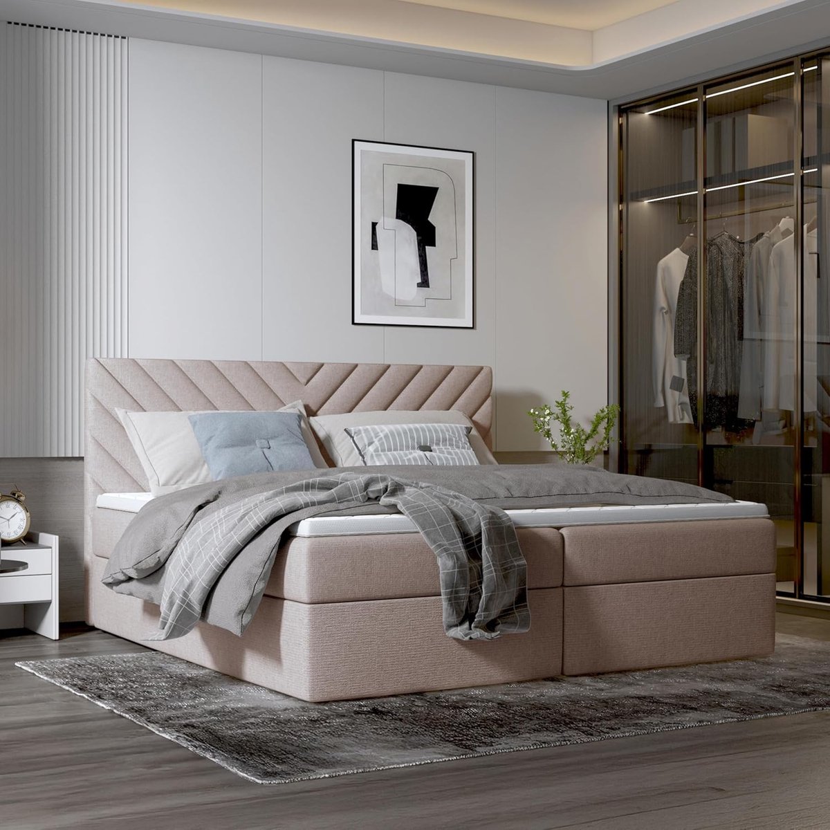 Boxspring 200x200 cm met opbergladen, matras H3 en topper – tweepersoonsbed met opbergruimte, ademend matras, modern design zonder voetbord – middernachtblauw – Urbanhome