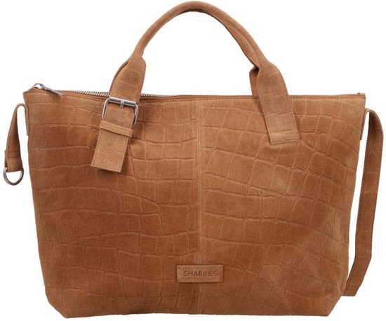 Bruine suède handtas met krokodillenprint en zilverkleurige gesp, met merklabel 'SHABBIES'.