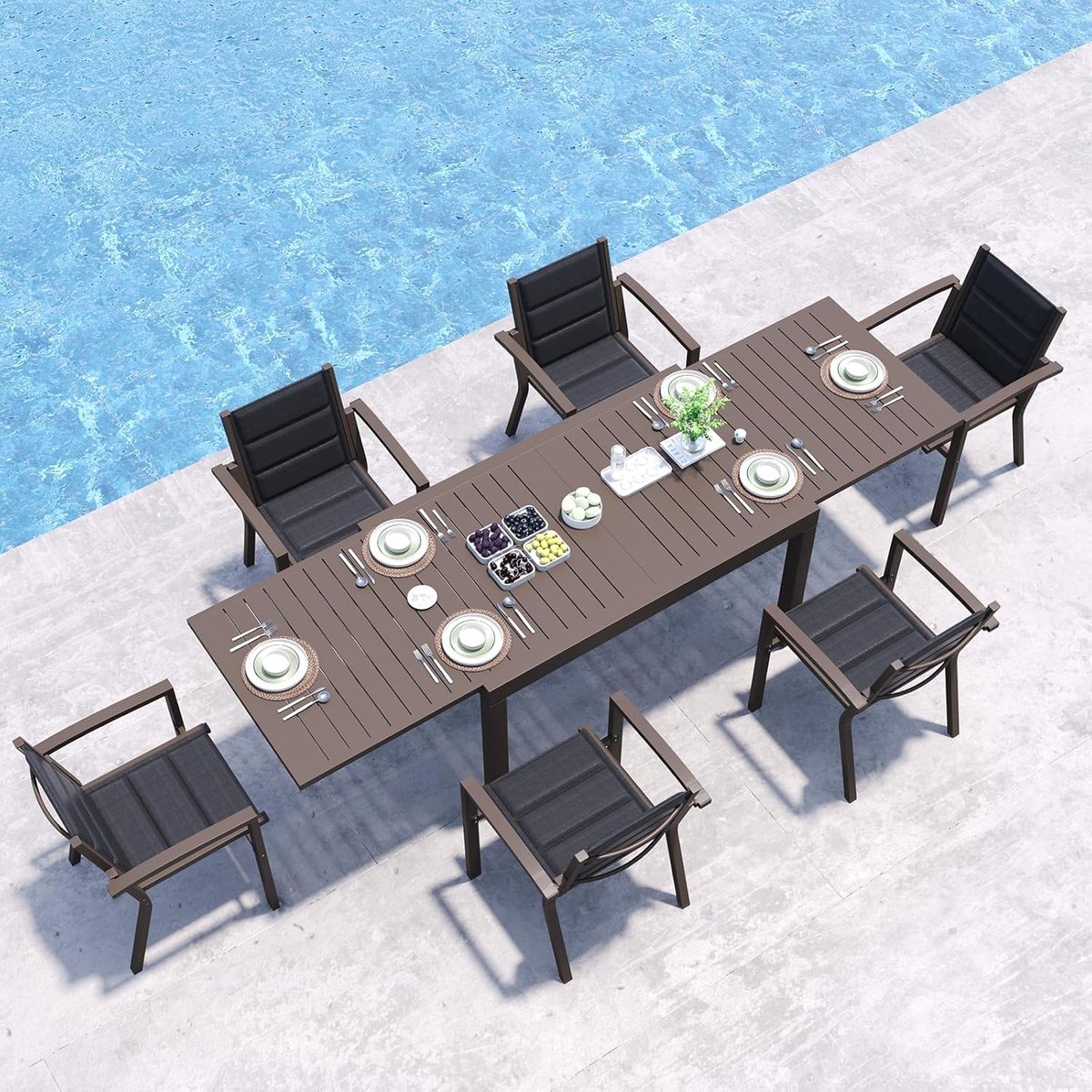 Tuinmeubelset 6 Personen 139x89 cm Aluminium Bruin – Luxe Weerbestendige Dining Set met Stapelbare Stoelen en Grote Tafel – Modern Design – Nicolehome