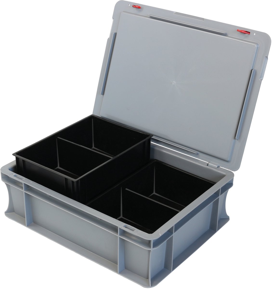 Alpac ProSort - Stapelbak met deksel - Opbergbak - 2 uitneembare sorteerbakjes - 4 Vakken - 400 x 300 x 140 mm - Grijs/Zwart