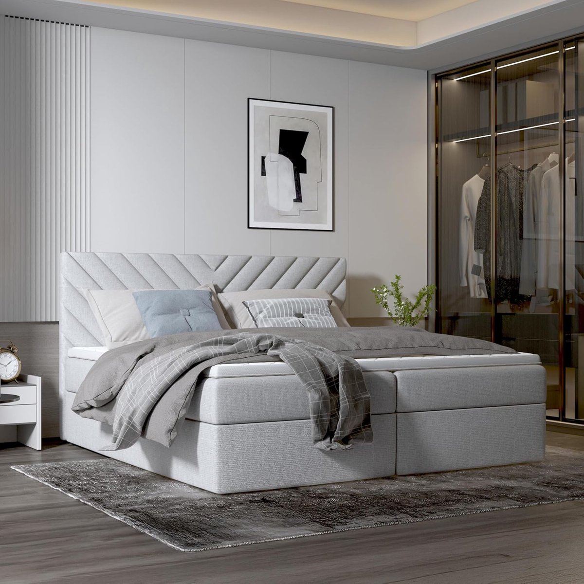 Boxspring 200x200 cm met opbergladen, matras H3 en topper – tweepersoonsbed met opbergruimte, ademend matras, modern design zonder voetbord – middernachtblauw – Urbanhome