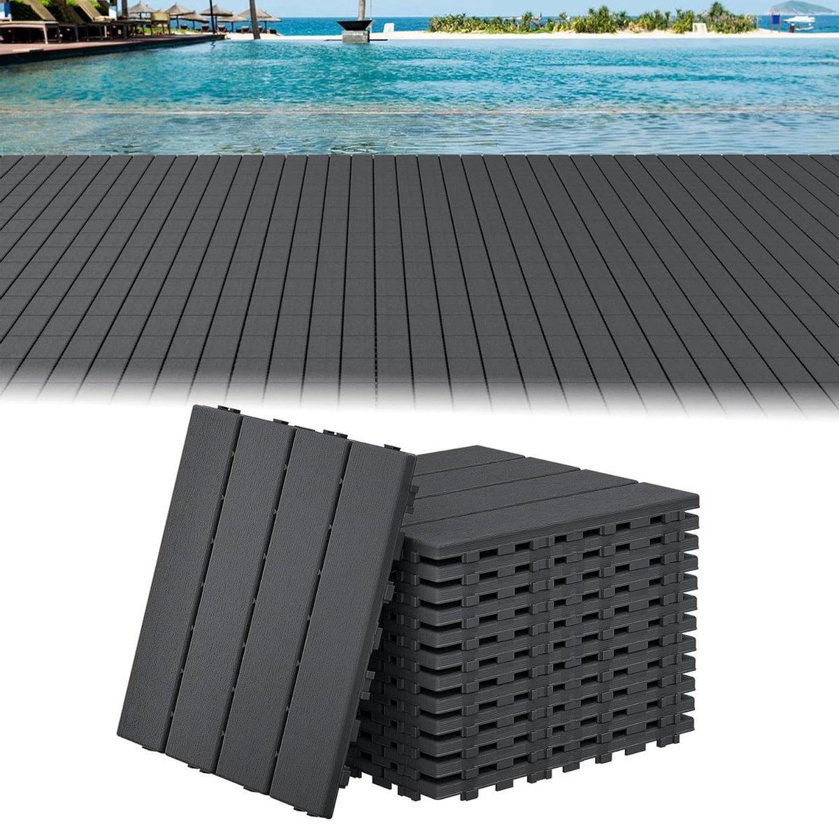 Terrastegels met houtnerf - Balkontegels kliktegels - Buitenruimte verfraaien - Weerbestendig drainagefunctie - 30 x 30 cm 44 stuks - Antraciet
