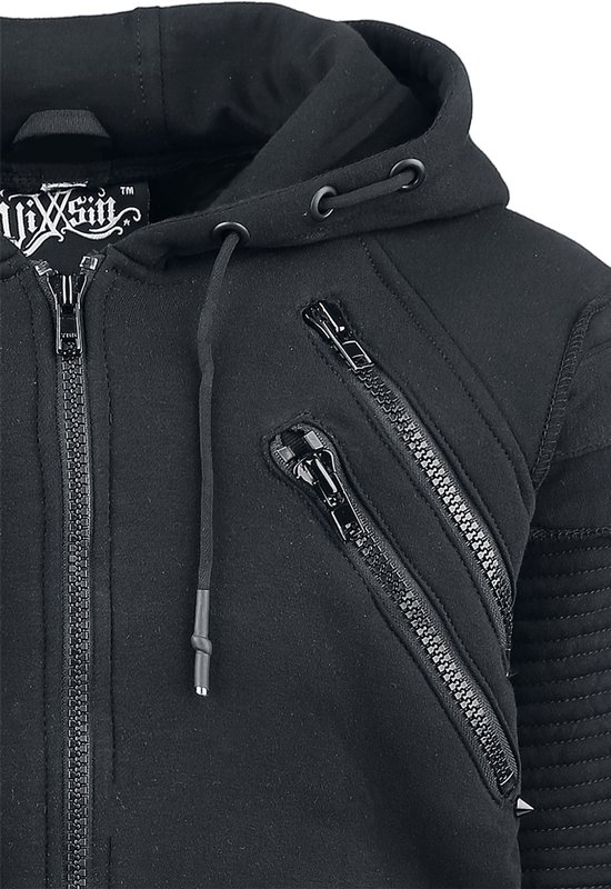 Zwarte hoodie met dubbele ritsen op de borst en geribbelde mouwen.