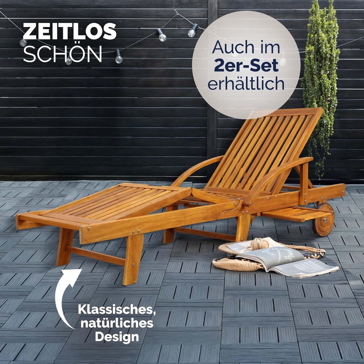 2-persoons ligbed 2-delige set 195,5 cm – inklapbaar acaciahouten tuin ligstoel met wielen, verstelbare rug- en voetensteun & uittrekbare tafel – weerbestendig 160 kg draagkracht – Nicolehome