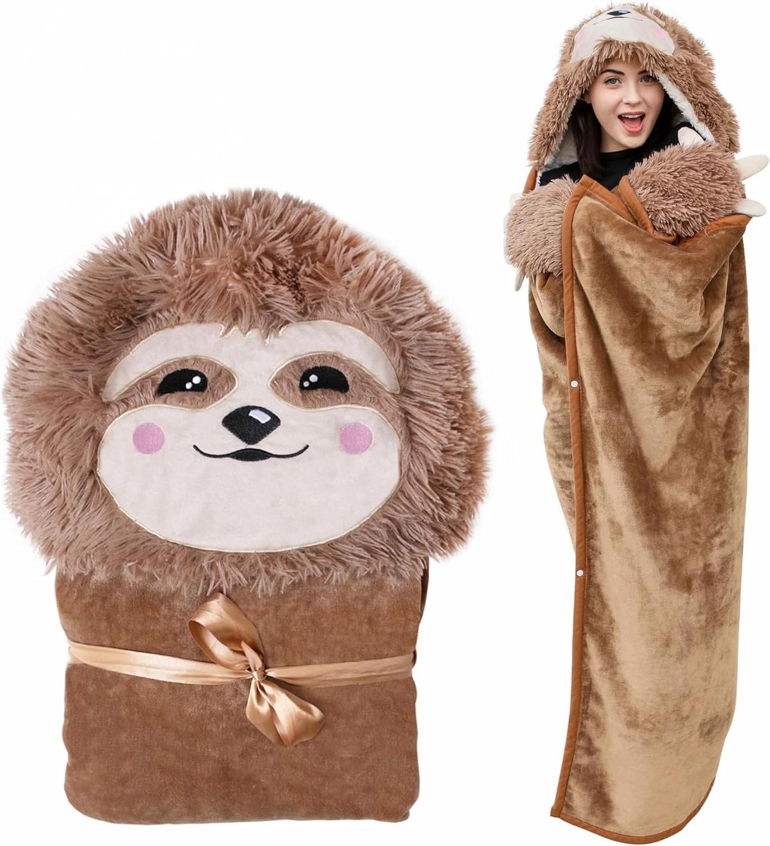 Deken met capuchon - Hoodie deken draagbaar - Gezellig ontspannen - Luiaard design met klauwen - One size - Bruin