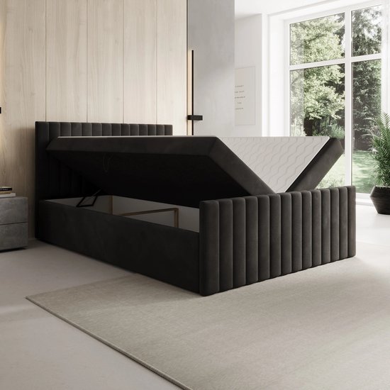 Meubella - Tori - Boxspring met opbergruimte - Stof zwart - 140x200 cm