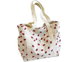 Draagtas - Dames schoudertas - Corduroy shopper met aardbeienprint - Zacht en ruim - Ideaal voor woon-werkverkeer, het strand, reizen en winkelen