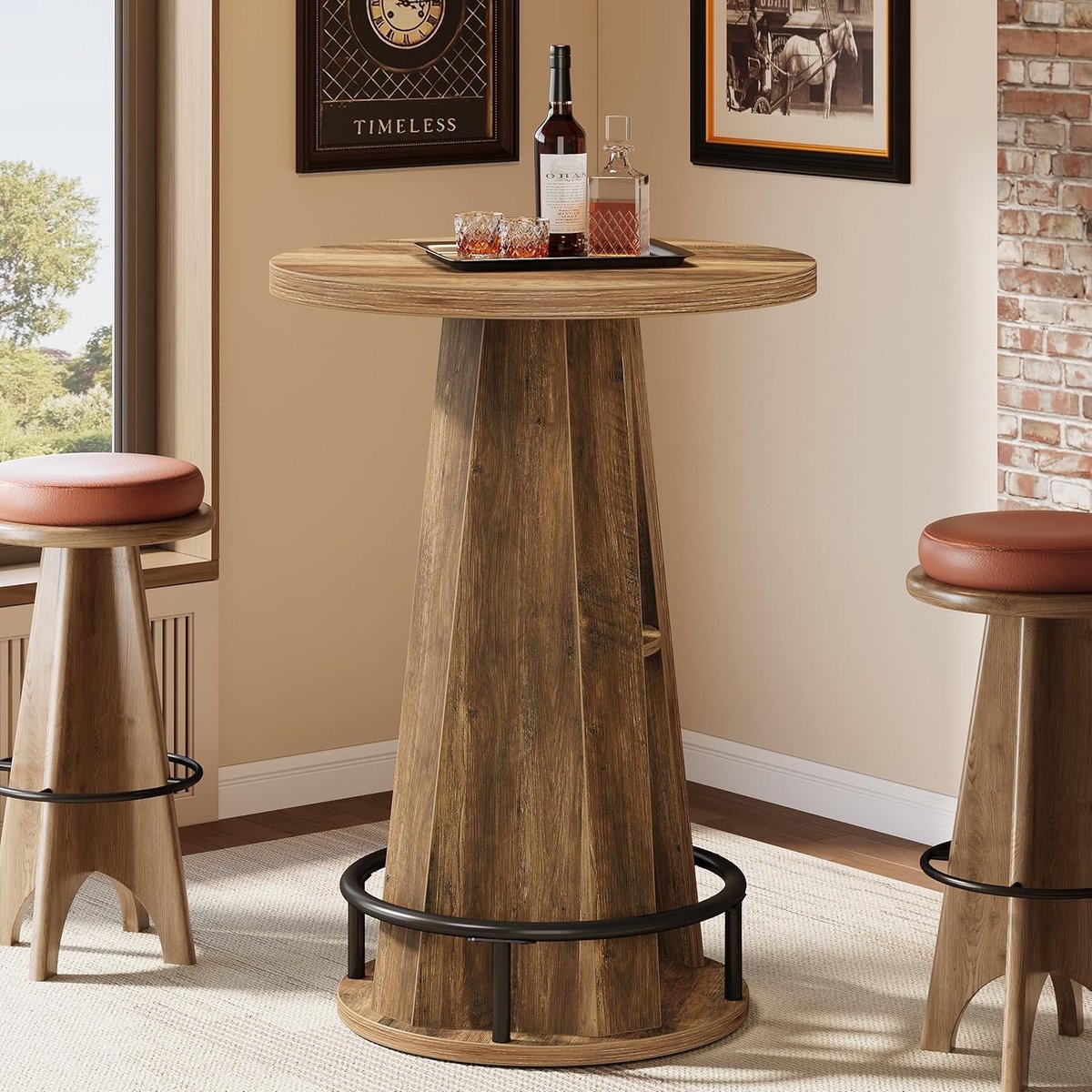 Tribesigns ronde Bartafel met opbergruimte - 60*60*100 - industriële Hoge Keuken en Pubtafel - met metalen voetensteun - Bruin