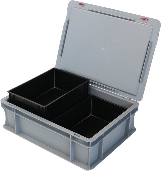 Alpac ProSort - Bac empilable avec couvercle - Bac de rangement - 2 bacs de tri amovibles - 2 compartiments - 400 x 300 x 140 mm - Gris/Noir