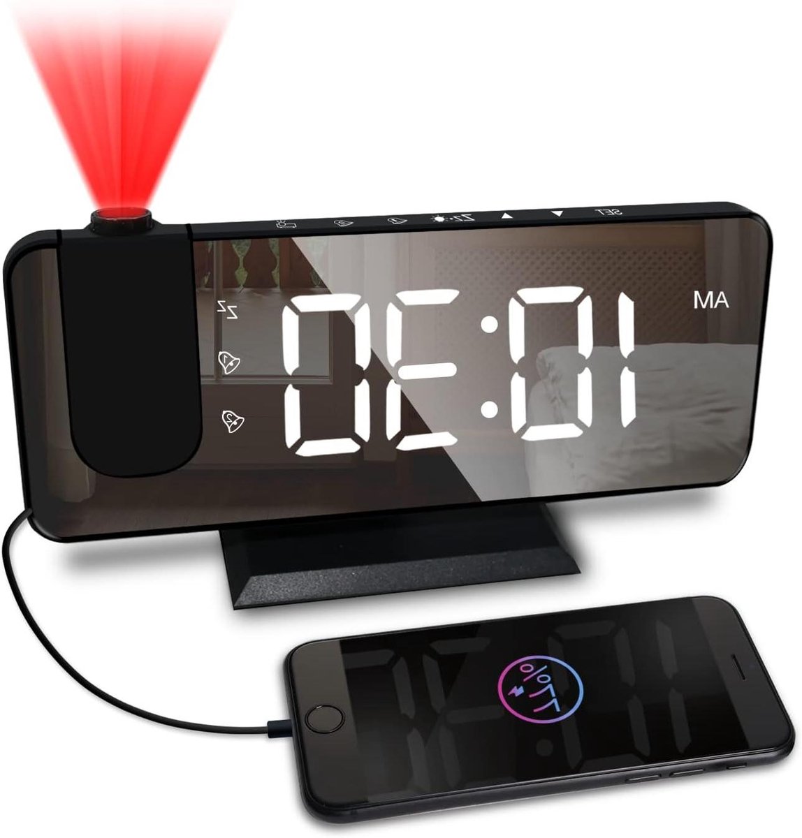 Projector Wekker - Wandklok Projectie - Tijd Projecteren - 180 Graden Draaibaar - 7.4 Inch Display - Zwart