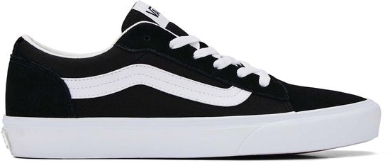 Zwarte Vans sneaker met witte veters en side stripe, van de zijkant gezien.