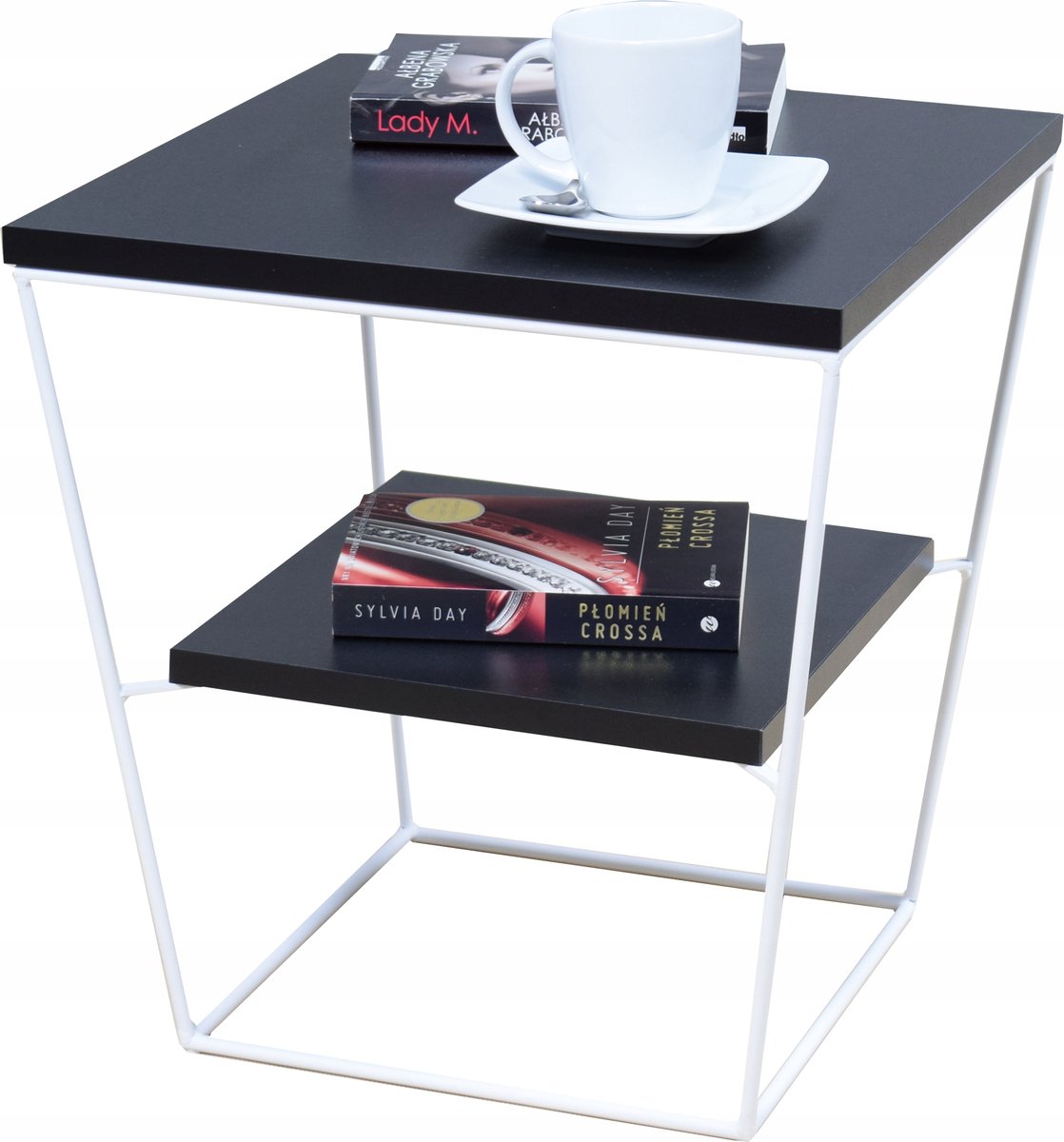 FutuStal V Serie - Staal Stolik - Vierkant - 43 cm - Wit Mat - Zwart Blad