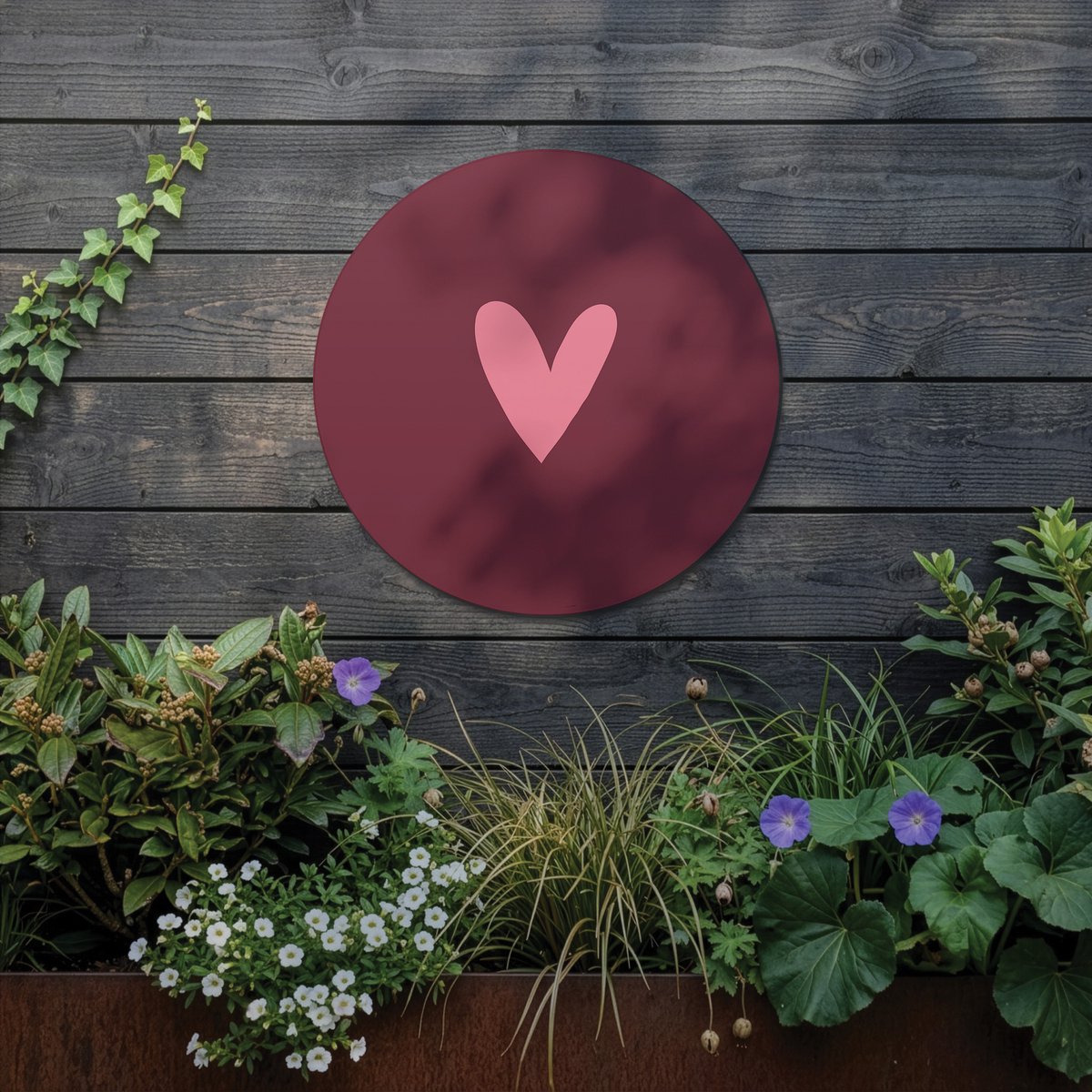 Tuincirkel Hartje - Bordeaux - Wandbord - 25cm - Wanddecoratie voor Buiten - UV- en Waterbestendig