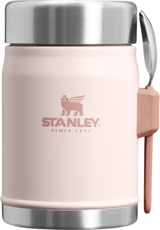 Roze Stanley foodjar met lepel, deksel erop, op witte achtergrond.