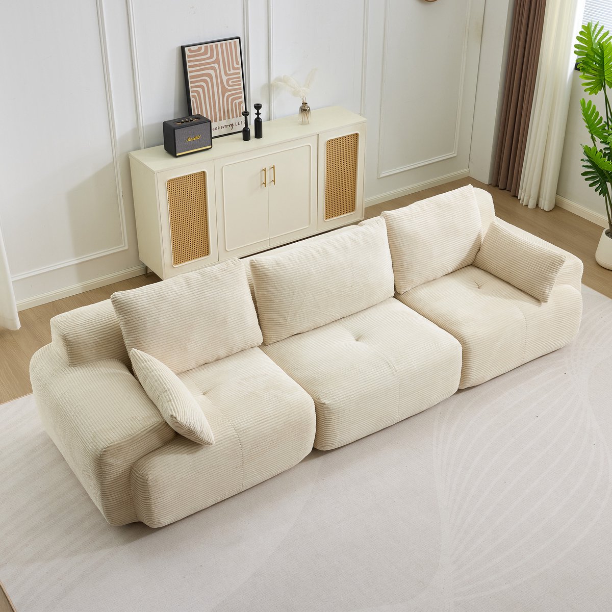 Multifunctionele Corduroy Slaapbank – Opvouwbaar met 2 Armleuningen – 3-in-1 Design – Geschikt voor 3 Personen – Flexibele Opstelling – Te Gebruiken als Logeerbed, Bank en Ligstoel – Woonkamer/Slaapkamer – Beige