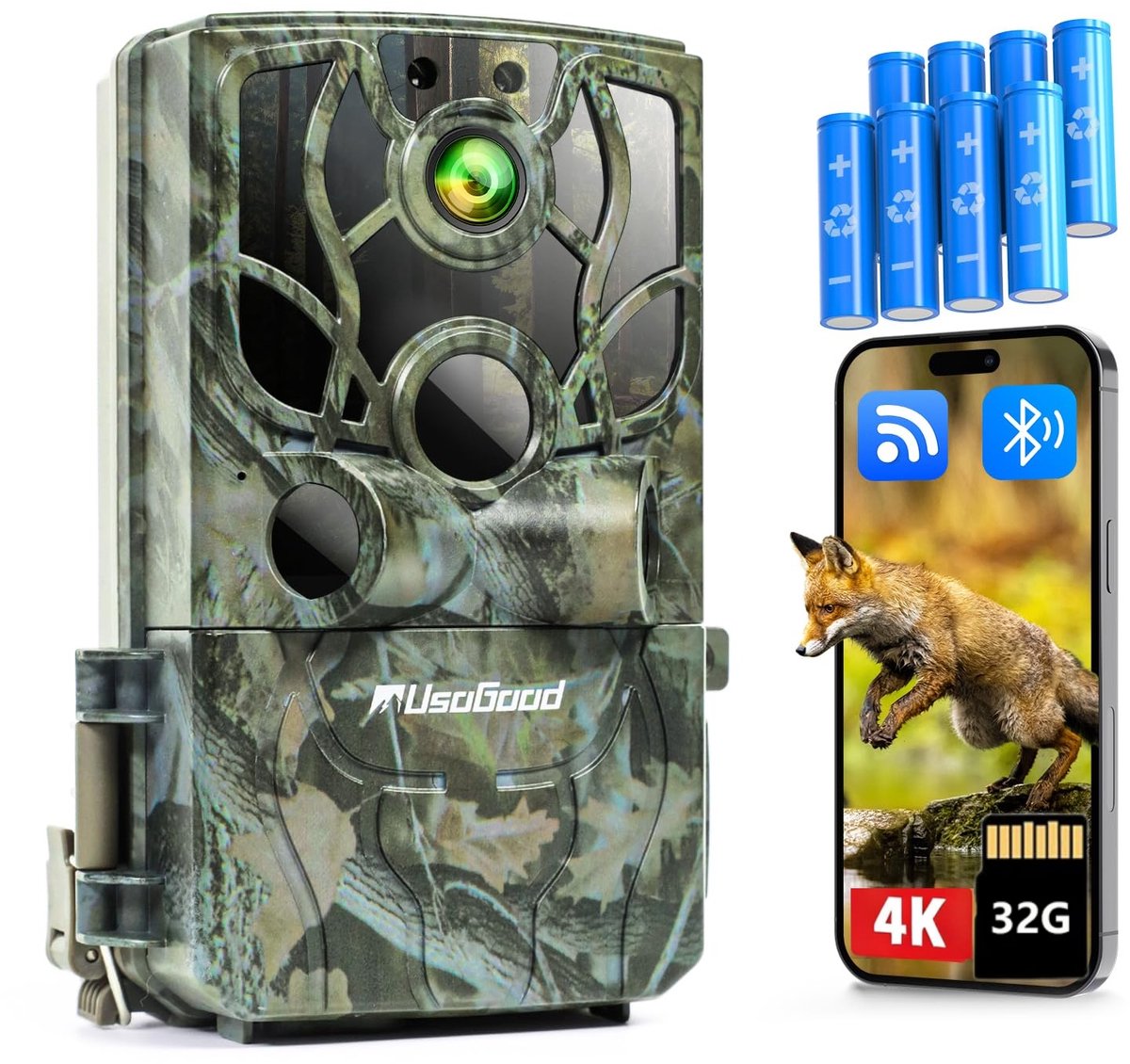 Usogood WildCamera - 4K Ultra HD & 48MP - Waterdicht - Buiten Camera met Nachtzicht en Wifi - Wildlife camera's - Nachtcamera met App – Incl. 8 batterijen, 32GB geheugenkaart