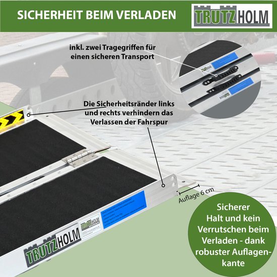 Close-up van de aluminium oprit met zwart antislipoppervlak, met veiligheidsranden en handgrepen.