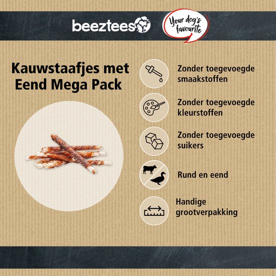 Kauwstaafjes met Eend Mega Pack. Bevat runderhuid en eend, zonder toegevoegde smaakstoffen, kleurstoffen of suikers.