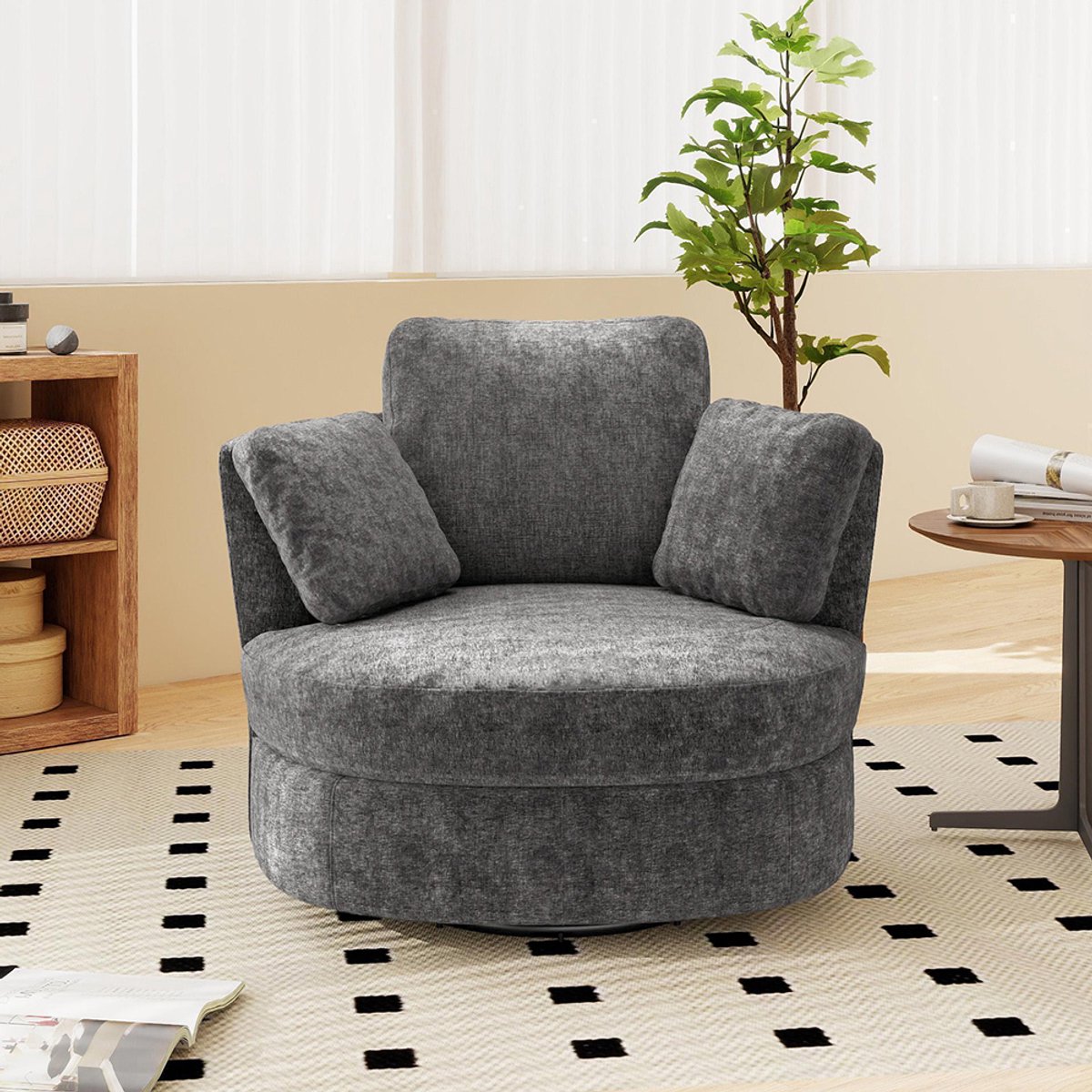 BLACKCOLORS Moderne XXL-fauteuil van grijze chenille, 3 afzonderlijk te gebruiken kussens, zeer veerkrachtige zitvulling – comfortabele leesfauteuil voor de woonkamer, de slaapkamer en het kantoor